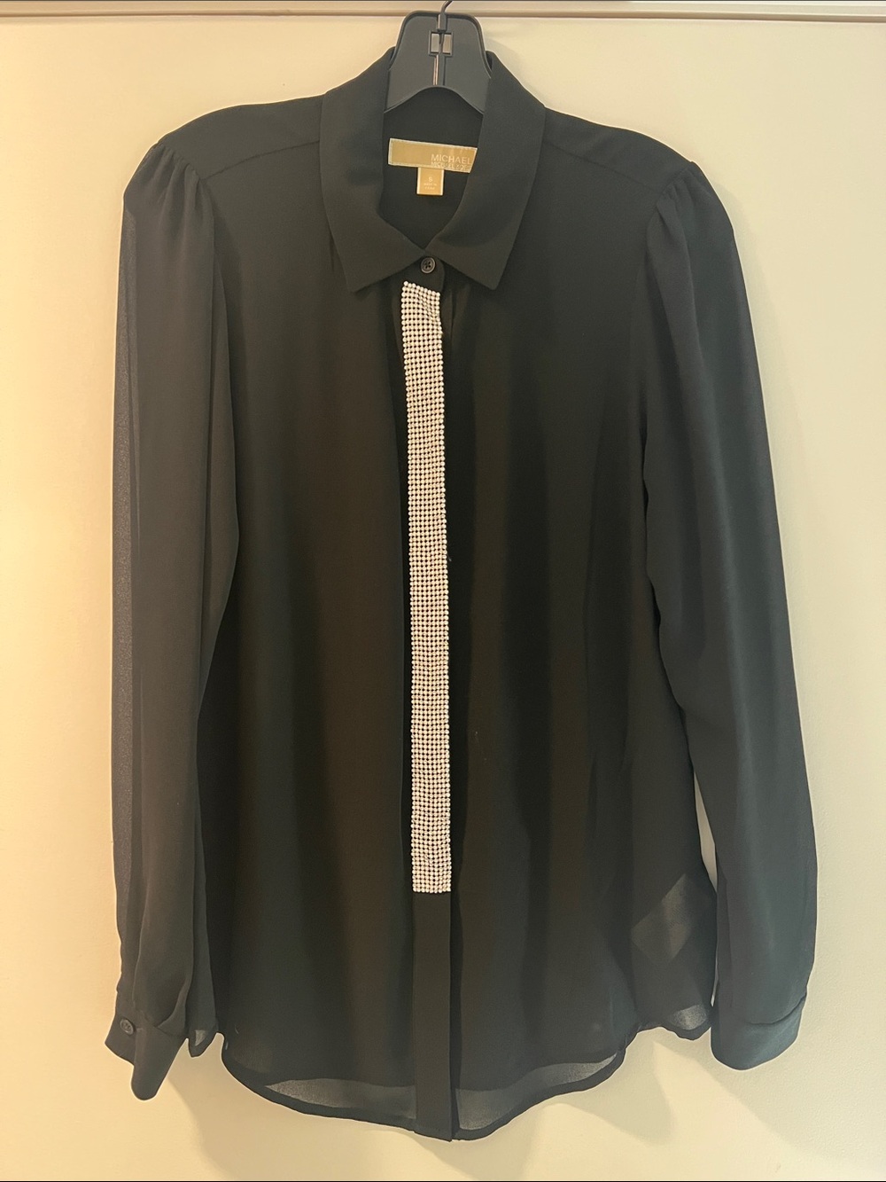 Michael Kors Black Sheer Blouse with Rhinestone Trim